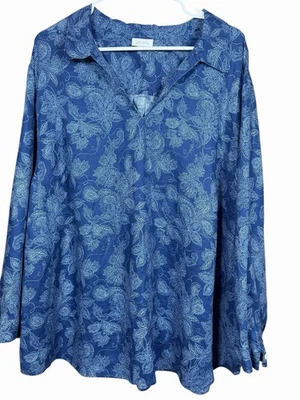 J.Jill 4X 亚麻佩斯利花卉束腰上衣蓝色非铁波西米亚度假村沿海时尚 — 第 1/4 张图片