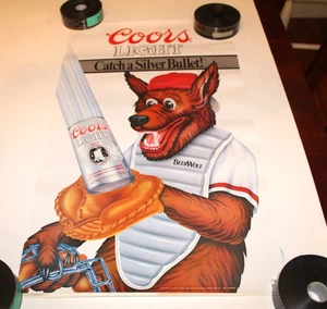 Rare Vintage 80s Coors Beer Wolf Advertisement Baseball Man Cave Poster - Picture 1 of 1