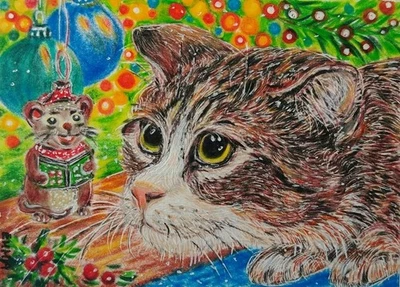 EMMA ACEO ORIGINAL - MERRY CHRISTMAS tree CAT baubles MOUSE pets kitty animals - Image 1 of 4