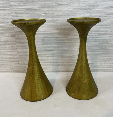 Metal candle holders set of 2 pillar painted gold & aged heavy MCM table scape - Image 1 of 4