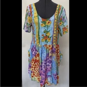 VINTAGE 1980s JAMS WORLD LIGHTWEIGHT RAYON HATTIE DRESS POLKA DOT AQUA POCKETS L - Picture 1 of 6