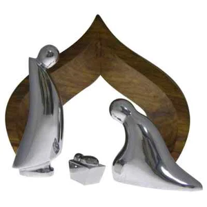 Nambe 4 Piece Holiday Nativity Scene - Mary, Joseph, Baby Jesus and Wooden Crech - Picture 1 of 6