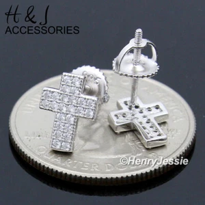 MEN WOMEN 925 STERLING SILVER ICY BLING CZ SILVER CROSS SHAPE STUD EARRING*AE213 - Picture 1 of 2
