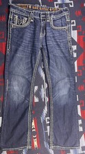 Rock Revival Bruno Boot Cut Jeans Men's 32X31 Dark Wash Blue Distressed Denim