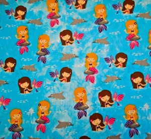 Girls Fabric 1 3/4 Yard Waving Mermaids Dolphins Aqua Ocean Cotton Children Vtg - Picture 1 of 2
