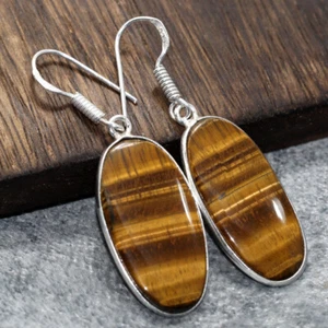 925 Silver Plated Tiger Eye Ethnic Earrings Handmade Jewelry Size 1.8" GW - Picture 1 of 3