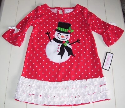 Little Lass Red White Snowman Dot Ruffle Bow Christmas Winter Dress 2T 3T 4T - Image 1 of 3