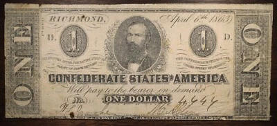 Confederate $1 Richmond VA Note April 6 1863 Average Circulation Holed P65 - Image 1 of 2