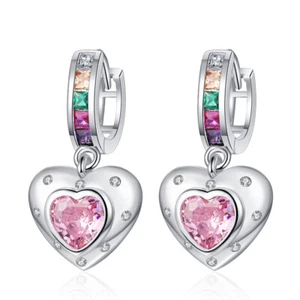 925 Sterling Silver Multicolour Zircon Earrings Pink Crystal Heart Drop Earrings - Picture 1 of 5
