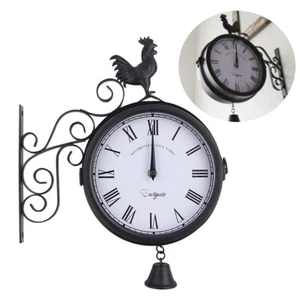 Vintage Outdoor Garden Wall Rooster Station Clock Ornaments Double Sided Bracket - Picture 1 of 8