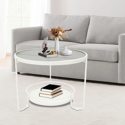Mesa auxiliar redonda de vidrio de 2 niveles moderna con marco blanco para sofá dormitorio Foto 1 de 4