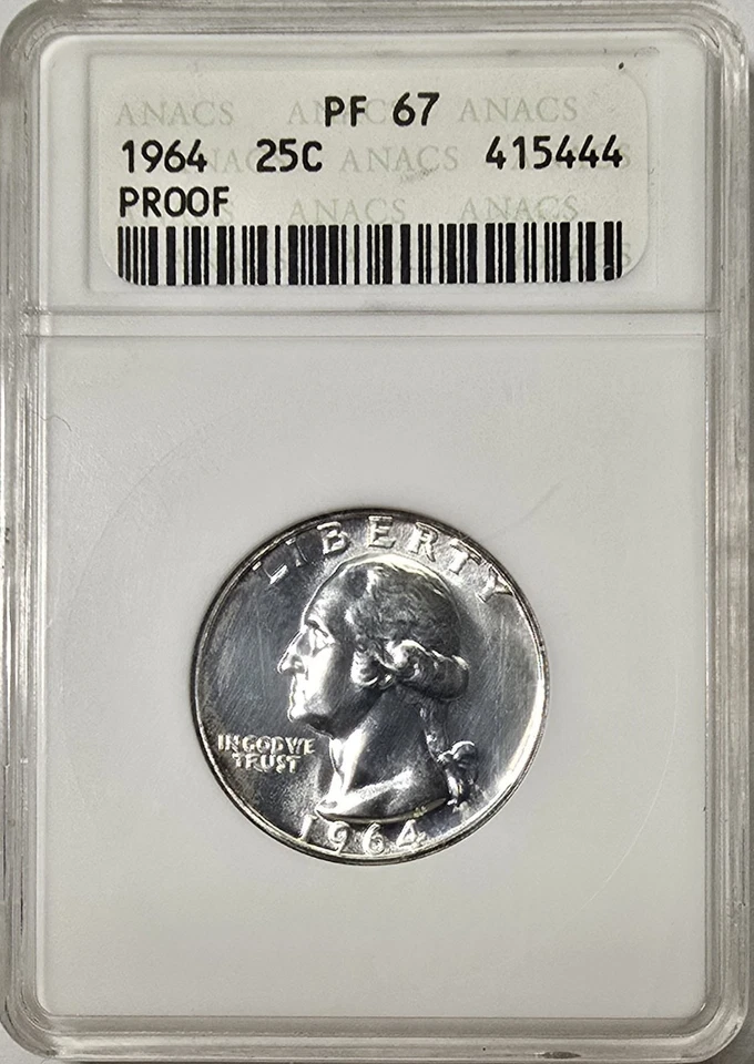 1964 Silver Proof Washington Quarter PR67 in a Old VERY RARE Gen #3 ANACS Holder - Image 1 of 2