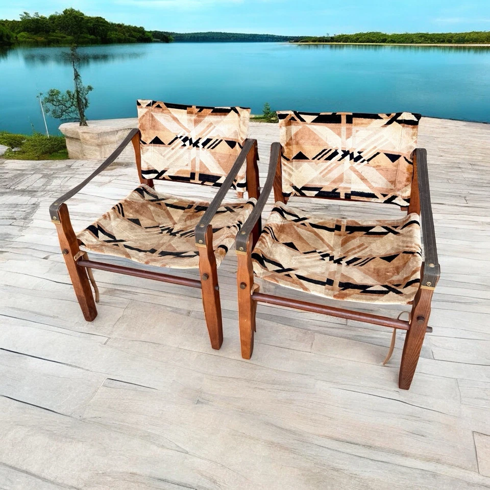 Scarce Pair Of Vintage Gold Medal MCM Safari Low Rider Chairs Arne Norell Sling - Image 1 of 4