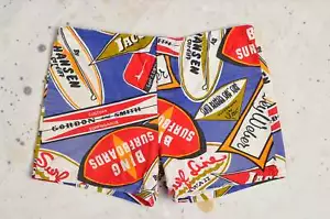 1960s Surf Shorts Pop Art All Over Print Beach Bum Shorts W 35 - Afbeelding 1 van 6