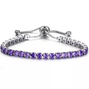 Silver Adjustable Tennins Bracelet Purple Cubic Zirconia Round Stone - Picture 1 of 1