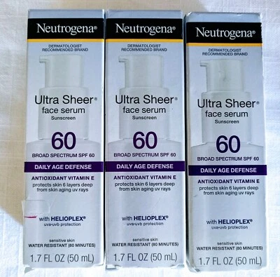 3 paquetes Neutrogena Ultra Sheer FPS 60 Suero Facial Hidratante Loción 1.7oz 12/2027 Foto 1 de 3