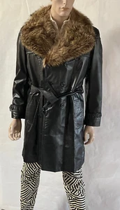 VTG mens 70s leather real FUR COLLAR trench coat 46 COSA NOVA CANADA - Picture 1 of 13