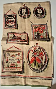 Vintage Red & Green Linen Colonial Scene Early American Motif Kitchen Towel - Picture 1 of 12