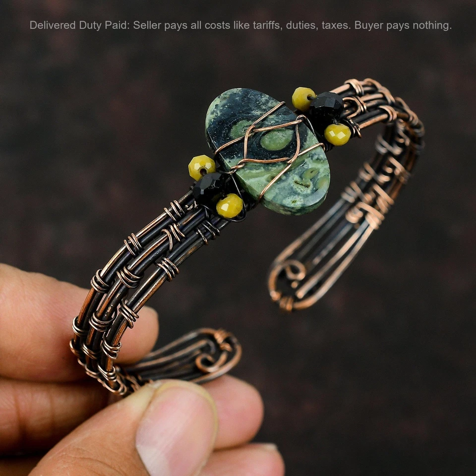 Brazalete Ovalado Kambaba Jaspe Piedras Preciosas Cuentas de Ónix Negro Alambre de Cobre Envuelto Joyería Foto 1 de 4