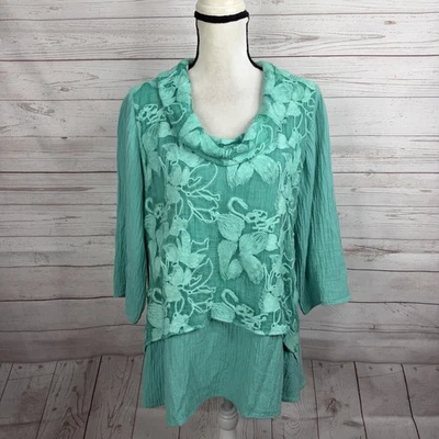 Top túnica Ava Soft Surroundings para mujer talla grande verde bordado manga 3/4 Foto 1 de 4