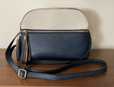 Dasein Navy Blue Beige Handbag Purse Adjustable Shoulder Strap Workwear Zip - Image 1 of 4
