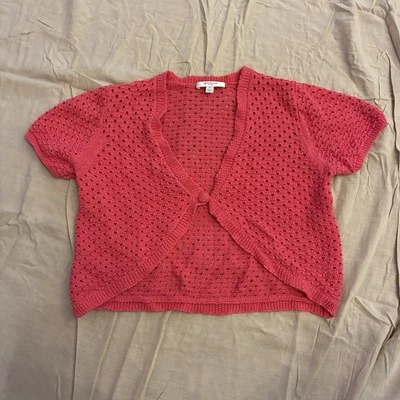 Liz Claiborne Hot Pink Short-Sleeved Crocheted Cardigan Top With Button Sz Small - Image 1 of 4