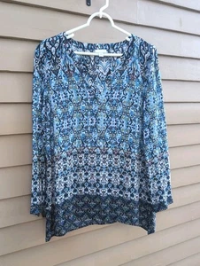 Túnica J.Jill Azul Estampado Ikat L Slve Top Dividido Cuello en V Pequeña Informal Fluida - Imagen 1 de 9