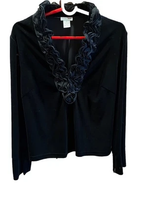 Top de terciopelo negro con volantes boho romántico Andre Oliver XL vintage años 90 para mujer Foto 1 de 4