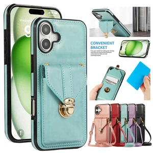 NEW For iPhone 16 15 Plus 13 12 Pro Max Leather Wallet Card Case Crossbody Strap - Picture 1 of 52