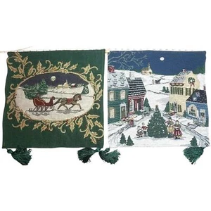Needlepoint Christmas Wall Panel Lot of 2 Hanging Tapestry Fabric Village Tree - Picture 1 of 4
