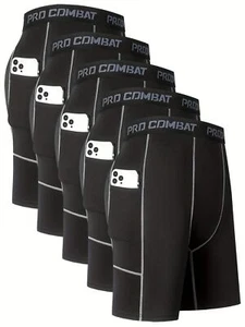 5pcs Men's Quick Dry Sport Running Long Boxer Brief Compression Shorts Pockets - Picture 1 of 24
