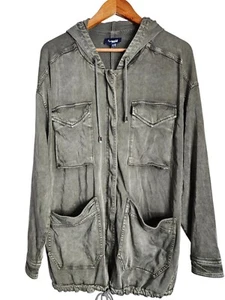 Splendid Sateen Anorak Grunge Green Hooded Zip Jacket Utility Pockets Women L - Picture 1 of 10