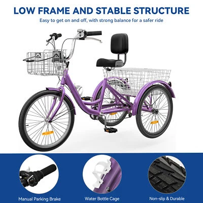 7-Speed Adult Tricycle 24" Trike Tricycle 3-Wheel Bike w/Removable Basket Purple - Image 1 of 4
