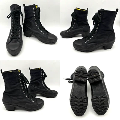 Vintage 1990s DKNY Black Nylon Lace Up Cotton Lined Block Heel Combat Boot 7 - Image 1 of 4