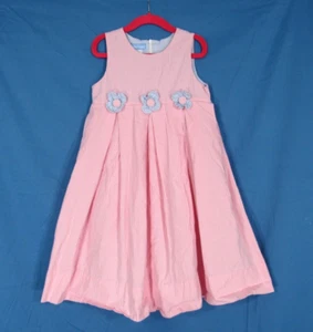 MONDAY'S CHILD Pink/Blue GINGHAM Flowers TWILL Pleated BACK-TIE Jumper Dress 4 - Picture 1 of 6
