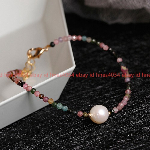 VALENTINO Bracciale Sfaccettato 3mm Tormalina Naturale Multicolore Gemme Tonde Perle Bianche 7 5''