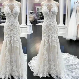 Sleeveless Mermaid Wedding Dresses Lace Appliques Sexy Scoop Neck Bridal Gowns - Picture 1 of 10