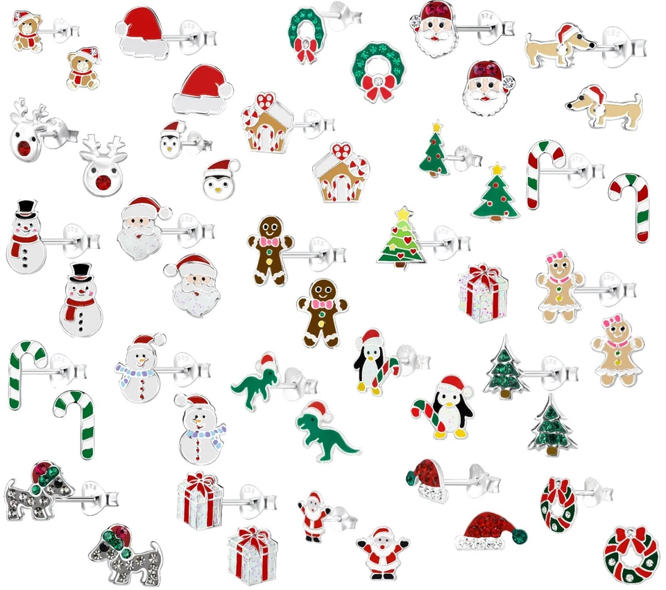 Par de Pendientes NAVIDAD Plata de Ley 925 Tachuelas Cristal Santa Niñas En Caja Foto 1 de 1