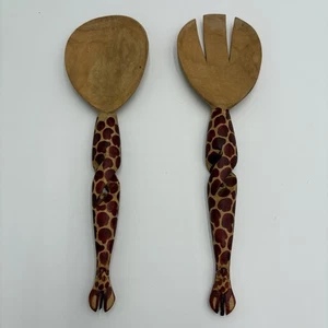 Hand-Carved Wooden Vintage Giraffe Pattern 2-Piece Salad Serving Set - Picture 1 of 8