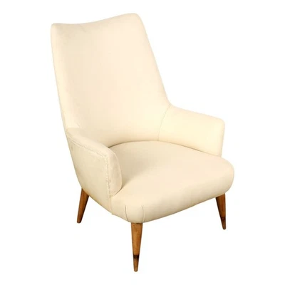 Vintage Wraparound Armchair White Fabric Wood Padding Design 1950s-60s Original - Image 1 of 4