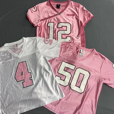 Lote de camisetas de fútbol Favre Rodgers Hawk Green Bay Packers rosa para mujer Foto 1 de 4