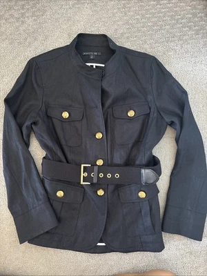 Lafayette 148 New York Black 100% Linen Military Jacket Gold Buttons Belt Size 6 - Image 1 of 4