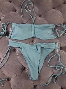 Zaful Women's Bikini Large Cheeky Ribbed Teal String Halter - Bild 1 von 6