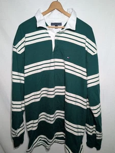 Tommy Hilfiger Men's Striped Green Cream Long Sleeve Polo Rugby Preppy Logo XXL - Picture 1 of 7
