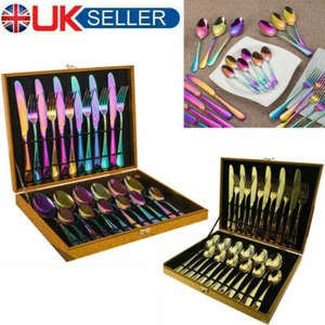 24PC GLAMOUR STAINLESS STEEL CUTLERY SET IN GOLD KITCHEN SERIES SILVER RAINBOW - Picture 1 of 17