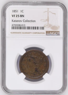 NGC VF 25 BN BRAIDED HAIR CENTS 1851 1C  - Image 1 of 2