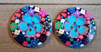 2 Multicolor Floral Sewing Buttons Crafting Round Wood 4 Hole 1.5"  - Image 1 of 2