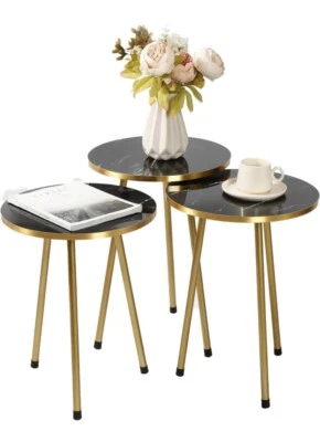 Set of 3 Coffee Nest Tables Side End Black & Gold Modern - Image 1 of 4