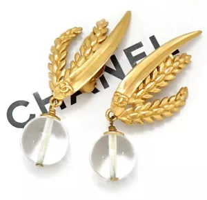 CHANEL CC Logos Clear Stone Wheat Clip-On Earrings Gold Tone 99P Auth w/Box - Picture 1 of 5