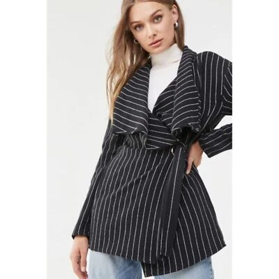 FOREVER 21 Woven Pinstripe Trench Jacket Pea Coat Size M Belted Wrap Black - Image 1 of 4